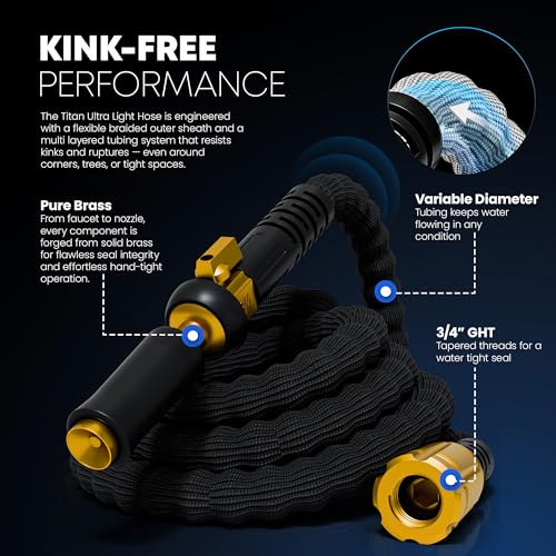 TITAN Flexible Garden Hose 100FT – Ultra Lightweight, Heavy Duty Water Hose with Brass Fittings & Jet Nozzle – Kink-Free, Non-Expanding, Durable Fabric Hose for Yard, Lawn, Car Wash, Outdoor Use - color: Black, size: 100ft