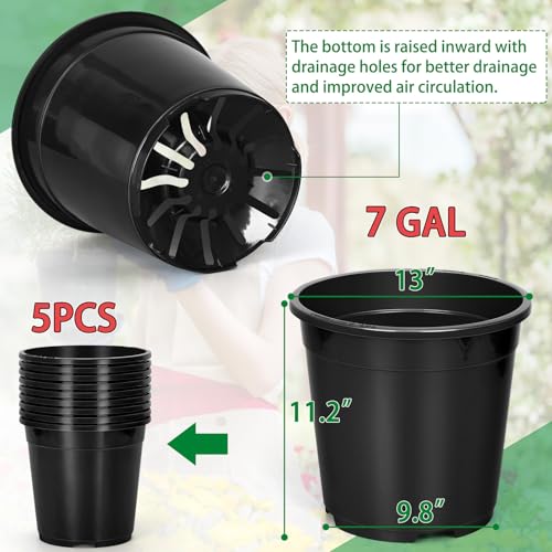 OUPSAUI 2/3/5/7/10 Gallon Pots for Plants, Sturdy Plastic Nursery Pots with Drainage Holes, Plant Pots for Seedlings, Vegetables, Succulents, Cuttings - size: 7gallon-5pack