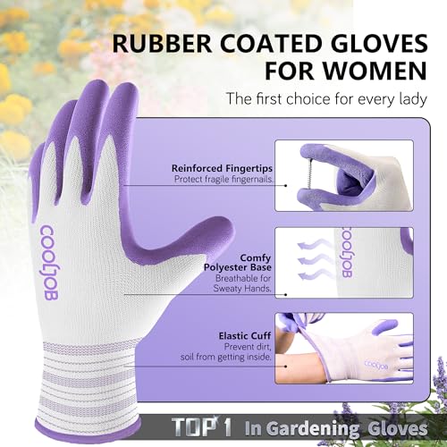 COOLJOB 6 Pairs Gardening Gloves for Women, Breathable Rubber Coated, M - color: Lavender Purple, Apple Green, size: Medium (Pack of 6)