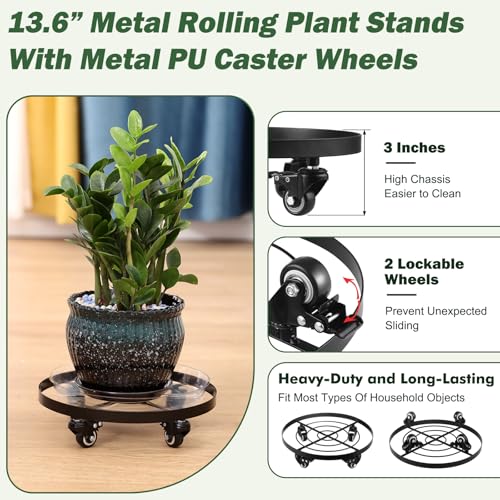 Planterhoma 1 Packs Large Metal Plant Caddy 13.6 Inch Plant Dolly with Wheels Heavy-duty Iron Rolling Plant Stand with Casters for Indoor Outdoor Flower Pot Mover Roller Coasters, Black - color: Black, size: 13.6"/ 1 pack