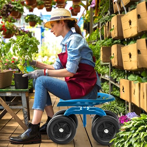 LDAILY Garden Seat with Wheels 11"-16" Adjustable Height for Lawn Planting - color: Blue