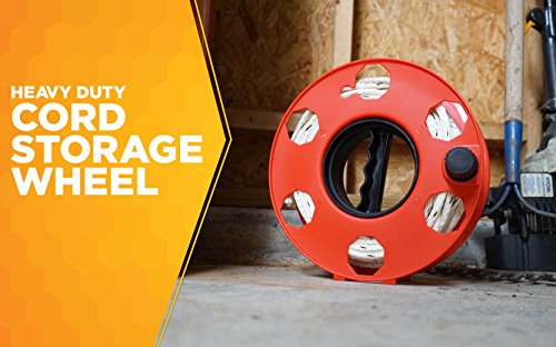 Woods Heavy Duty Cord Storage Wheel - Holds Up to 125 Feet of 16/3 or 110 Feet of 14/3 Gauge Cord - Tangle-Free Design for Extension Cords, Rope, or Hose - Orange/Black