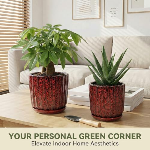 10 Inch Ceramic Planter Pot with Saucer Drainage Leak-Proof Mesh,Flower Pots for Indoor Plants with Gardening Gloves,Ceramic Planter(Spotted Red) - color: Spotted Red, size: 10 Inch