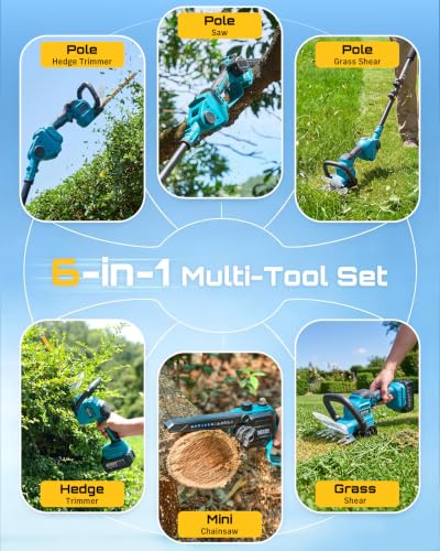 SEESII 6-in-1 Cordless Pole Saw & Hedge Trimmer Combo, 2×4000mAh Batteries - color: Navy Blue