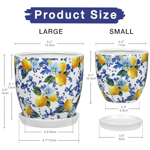 5.3+4.3 inch Ceramic Plant Pots, Set of 2 Blue and White Plant Pot with Drainage Holes and Saucers Small Lemon Indoor Planters Decorative Flower Pots for Succulents, Cacti, Snake Plants, and Herbs - color: Lemon Patterns