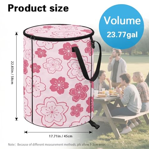 BIGCARJOB Cherry Blossoms Print Portable Trash Can Large Folding Big Trash Can with Lid Storage Bag Pop Up Trash Cans for Parties, 22.83x17.71 in - color: Cherry Blossoms Print