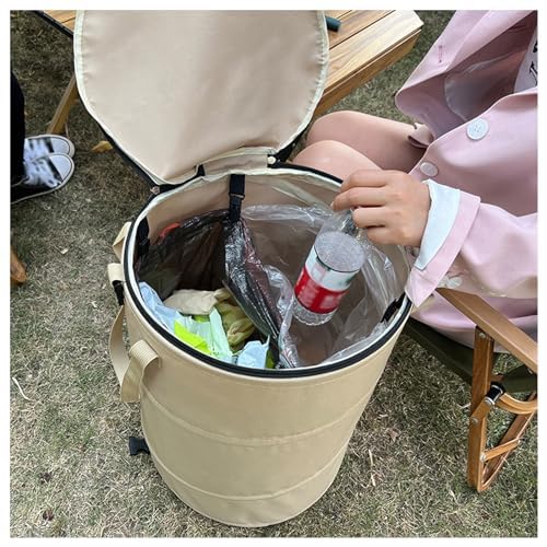 Pop up Camping Trash can with lid,Collapsible 24 Gallons Trash can with Sorting Clips,Garden Garbage Bag with Lid,Lawn and Leaf Bags - Reusable Yard Waste Bags (Beige Coffee) - color: beige coffee