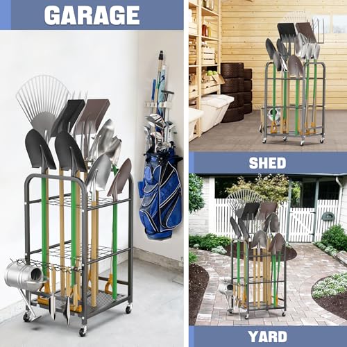 WALMANN Garden Tool Organizer with Wheels, Rakes/Shovels/Yard Tools Stand - size: 17.75 inch S