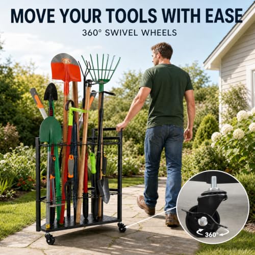 UU-Major Garden Tool Organizer for Garage Corner,Free Standing Yard Tools Rack Heavy Duty,Garage Organization and Storage Stand for Broom,Mop,Rakes,Shovel Holder for Lawn/Shed/Outdoor. - color: Triangel-Wheels-Black