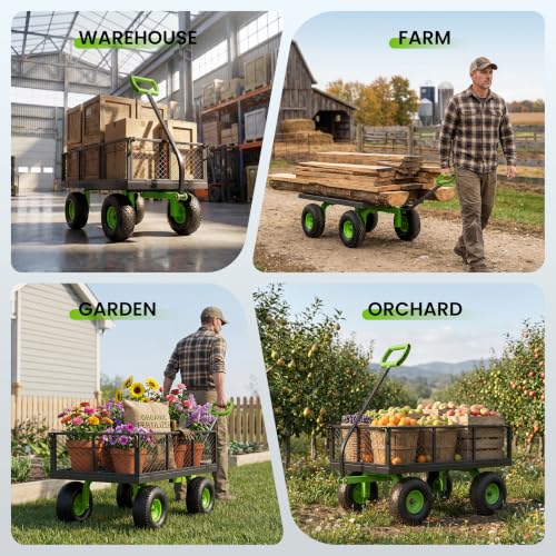 Etoolab Steel Garden Cart 1000 Lbs Capacity with 10" All Terrain Tires - color: Green & Black