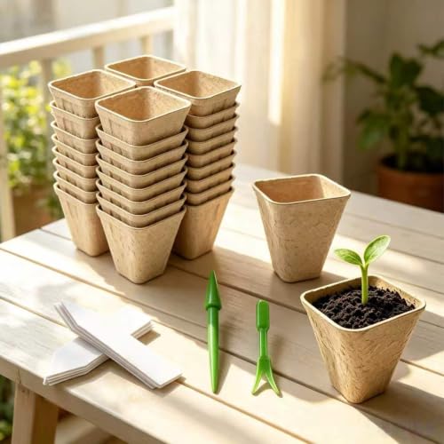 36 Pcs Square Peat Pots Nursery Kit with Labels & Garden Tools