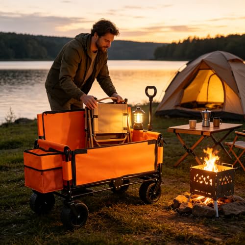 Collapsible Beach Wagon Cart - with Bench Seat & Ice Pack 500 lbs - color: Orange, size: 7"