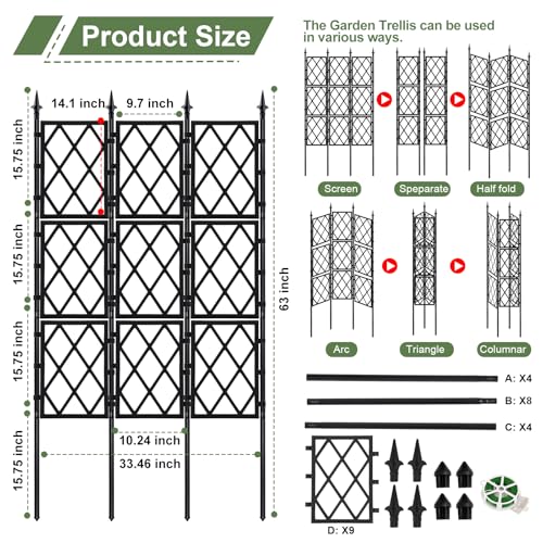 63 Inch Black Metal Pipe Garden Trellis Support Fence Frame for Climbing - color: Black