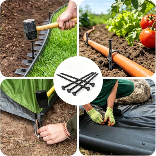 100 PCS Landscape Edging Stakes, Plastic 8-Inch Garden Anchoring Spikes, Spiral Nylon Spikes for Garden Lawn Yard Paver Edging, Weed Barriers, Artificial Turf, Tent Accessories, Grass Pathway - color: Black, size: 8InchX100PCS