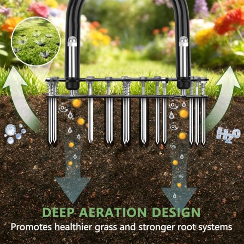 Adjustable Lawn Aerator Tool with Rebound Spring – 16 Sharp Metal Spikes Soil Aerator with Ergonomic T-Handle & Wide Foot Plate, Heavy Duty Yard Lawn Aerator for Garden Lawn Care - color: Green Spiked Aerator