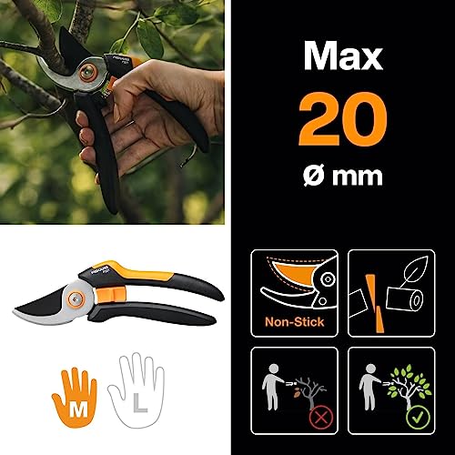 Fiskars Bypass Garden Pruners M, Solid, P321, for Fresh Branches and Twigs, Non-Stick Coated, Stainless Steel Blades, Length: 20.1 cm, Black/Orange, 1057162 - style: Bypass - P321