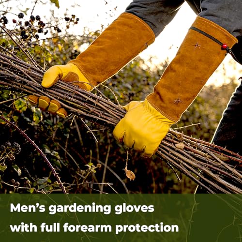 Aegend Long Gardening Gloves for Men, Reinforced Fingertips Cowhide Leather, Elbow-Length Gauntlet Cuff, Breathable & Durable for Yard Work Fit for Large Hands (Gold Yellow, XL) - color: Golden Yellow, size: X-Large