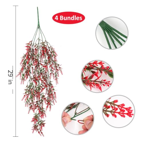 RECUTMS 4Pcs Artificial Fall Lavender Hanging Plants Faux Ivy Greenery(Red) - color: Red