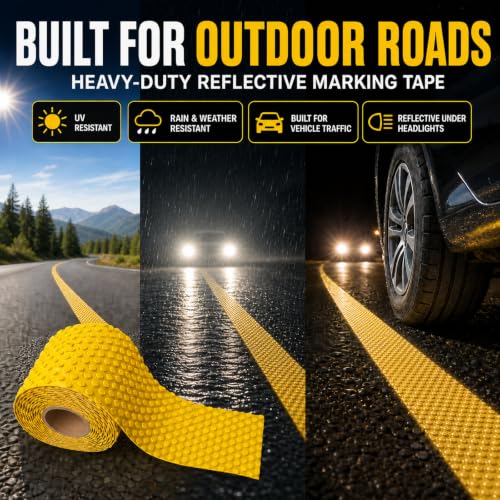 Raised Reflective Pavement Marking Tape, Slip-Resistant Durable Heavy-Duty Rubber Base for Outdoor Use, Ideal for Driveways, Walkways & Parking Areas (Yellow, 2 Inch x 75 Feet) - size: 2 Inch X 75 Feet