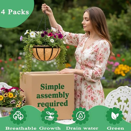 4 Pack 14 Inch Hanging Planters for Outdoor Plants Metal Hanging Planter Basket with Coco Coir Liner Round Plant Black Flat Iron Metal Flower Pots for Deck Patio Porch Garden Balcony - size: 14 Inch