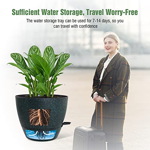 WOUSIWER 10 inch Self Watering Planters, 2 Pack Large Plastic Plant Pots with Deep Reservior and High Drainage Holes for Indoor Outdoor Plants and Flowers, Speckled Black with Green - color: Speckled Black With Green