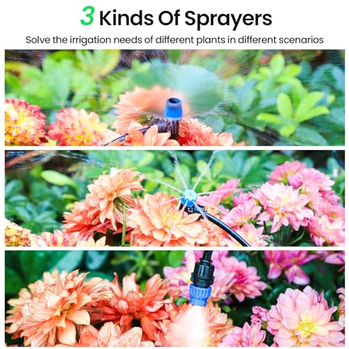 MIXC 247 FT Drip Irrigation System,Quick Connector Garden Watering System Automatic Sprinkler System Kit for Lawn Raised Bed Greenhouse Plant Watering System with 1/4'' Tubing,Drip Emitters,Connectors - size: 50FT Main tube+197FT 1/4'' tube