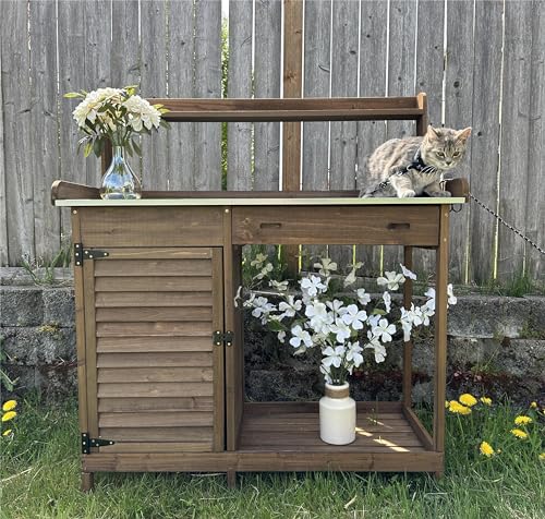 PetsCosset Garden Potting Benche Table Outdoor Wooden Work Station W/Metal Table top,Cabinet,Drawer,Large Bottom Shelf,Open Shelf Natural Wood-Brown-Brown