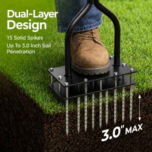 Lawn Aerator Tool, Dual-Layer 15-Spike Heavy-Duty Steel Aerator Lawn Tool