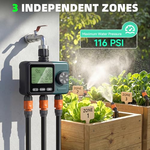 3 Zone Sprinkler Timer,3 Custom Watering Plans Hose Time, IP65 Waterproof, Rain Delay Manual & Automatic Watering with Large LCD for Yard Lawn Outdoor - size: 3 Outlet