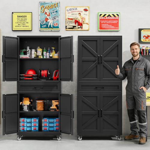 SISESOL Black Metal Storage Cabinet with Wheels and Drawer,Rolling Garage Cabinet with Doors and Adjustable Shelves,73" Mobile Tall Large Metal Cabinets for Home,Office,Garage,Shop - color: Black, size: 73"H