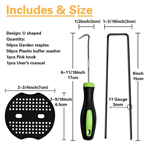 Bakulyor 50pcs Black Landscape Staples + 50pcs Buffer Washer, 6 Inch 11 Gauge Garden Stakes Staples, U Shaped Galvanized Lawn Pins Heavy Duty Yard Ground Pin for Weed Barrier Sod Fabric Decorations - color: Black