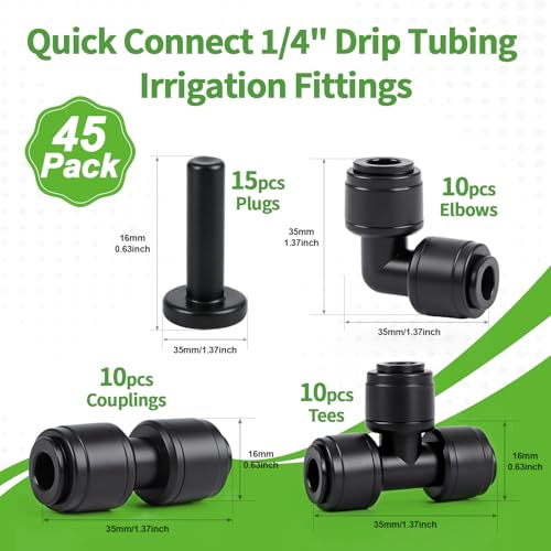 RedChili 45 PCS Quick Connect 1/4" Drip Irrigation Fittings Kit, Universal Drip Line Connectors for 1/4-Inch Drip Tubing Includes Couplings Tees Elbows Plugs Parts for Irrigation System Connection - size: 1/4" Quick Connect Fittings