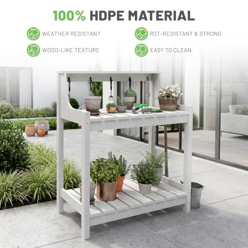 Outdoor HDPE Garden Potting Bench Weatherproof Potting Table Outside - color: White