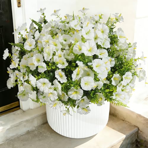 Artificial Morning Glory UV Resistant 36 pcs White Spring Artificial Flowers Outdoors, Realistic Faux Silk Morning Glory Fake Morning Glory Plants for Garden Porch Planters Window Wedding Decor - color: White(with Green Ferns), size: 36 pcs