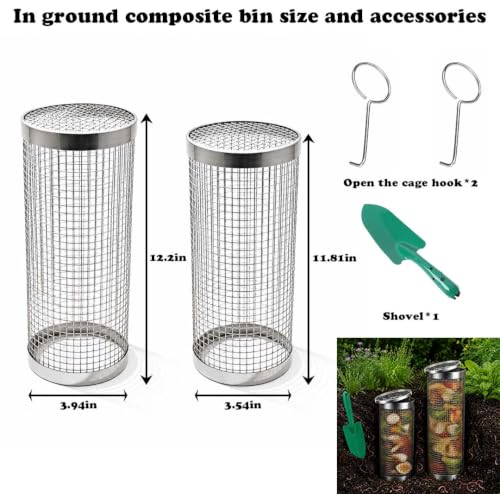 2 Pack Stainless Steel Worm Compost Bin, In Ground Compost Container with Lid and Garden Shovel, Underground Vermicomposting System for Kitchen Scraps Recycling, Outdoor Garden Use