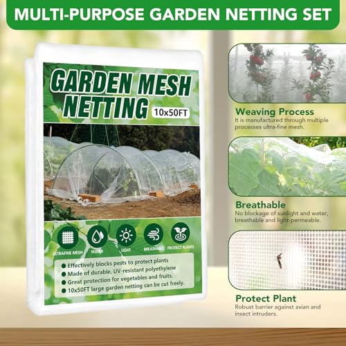 Garden Netting Kit for Raised Beds, 10x50FT Ultra Fine Mesh Netting &6 Sets Fiberglass Garden Hoops, Insect Netting for Garden Plant Row Cover Vegetable Flowers Protection Barrier