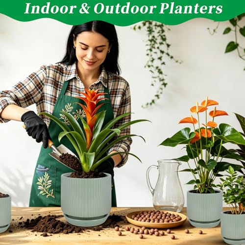 Ceramic-Flower-Pots-Sets-with-Saucer, 5/6/8 inch Small Planters for Indoor Plants with Drainage Hole, White Vertical Stripe Plant Pots for Home Decor, Outdoor Garden Pot For Succulent Cactus Herb - color: Green, size: 5.1+6.3+8 inch