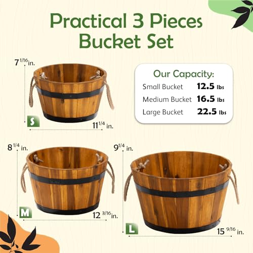 Set of 3 Wooden Flower Boxes Outdoor, Durable Acacia Wood Barrel Planters for Outdoor Plants with Ergonomic Handles, Drainage Holes, Multiple Sizes Wood Bucket Planter for Home Décor - color: Natural_round Wood Planter Pots_rope Handle