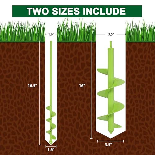 TCBWFY Garden Auger Drill Bit for Planting 3.5"" x16 and 1.6"" x16.5 Auger Drill Bit Plant Flower Bulb Auger Spiral Hole Drill Earth Post Umbrella Bulb Planter Auger for 3/8"" Hex Drive Drill, Green - size: 1.6"x16.5"+3.5"x16"-Green