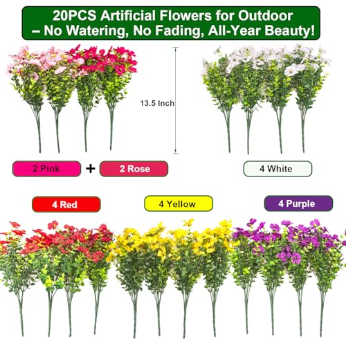Grunyia 20 Bundles Artificial Flowers for Outdoors, UV Resistant Fake Plants Flowers Greenery Shrubs Plants for Decoration Outside Plants Hanging Planter Home Garden Decor (Mix(6 Color)) - color: Mix(6 Color)