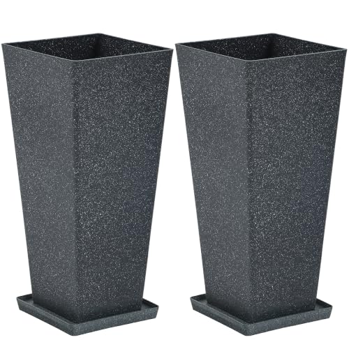 Autodaya 28" Plant Pots Tall Planters for Plants Outdoor Set of 2 with Tray - color: Tall Terrazzo Black-28"