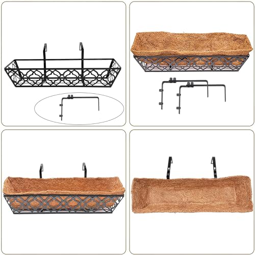 HFHOME 4 Pcs 30" Window Box Deck Railing Planter Box with Horse Trough Coco Liners, Black Metal Hanging Flower Planters Baskets for Indoor, Outdoor, Balcony, Porch, Fence, Patio, and Lawn - size: 30 Inch 4-Pack Flower-Pattern