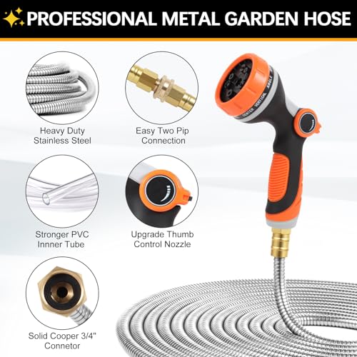 Metal Garden Hose 50 ft with 10 Function Sprayer Nozzle, Lightweight Stainless Steel Water Hose with 3/4" Solid Fittings, Flexible Kink Free Leak Proof for Yard, Patio, Outdoor & Car washing - size: 50ft