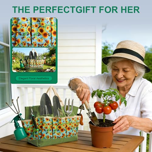 Garden Tool Set, 9 Pcs Heavy Duty Stainless Steel Gardening Hand Tool, Yellow Garden Tool Bag Kit, Gardening Supplies Gifts for Women Men Mom Dad Gardener Beginner - color: Green-White Flower