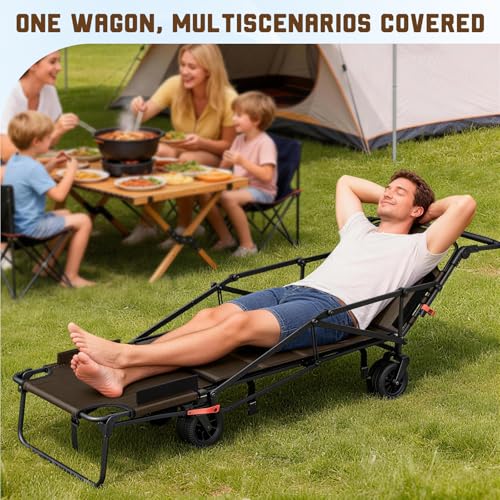 LEVELEVE Heavy Duty Folding Wagon - 2-in-1 Collapsible Cart, All-Terrain Wheels w/Brakes & Side Pockets (Brown, 650lb Capacity) - color: Brown, size: Large