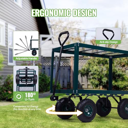 Backyard Expressions 2 Tier Garden Cart, 600 lb Total Capacity, Outdoor Utility Cart with Wheels, Steel Mesh Shelves, Pneumatic Tires, Pull Handle Rolling Wagon for Yard & Lawn - style: 2 Tier