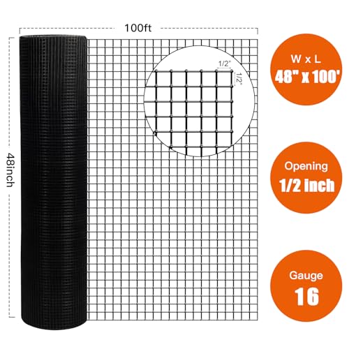 Zevemomo 48" x 100' 1/2inch Hardware Cloth, Black Vinyl Coated Chicken Wire Fence Galvanized Welded Mesh Roll for Home Garden Rabbit Cage - size: 48" x 100' 1/2inch