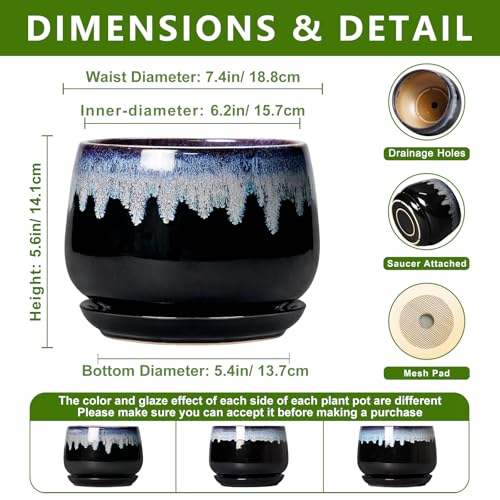 Ceramic Plant Pots 7 Inch - Ceramic Planter with Drainage Hole and Saucer, Decorative Flower Pots for Indoor Plants, Indoor Planter, House Garden Decor, Gifts for Plant Lovers, Black-Blue - size: 7 Inch, style: Black-blue