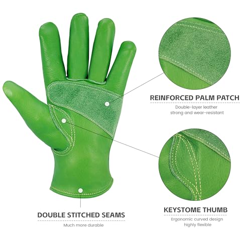 Leather Work Gloves for Men & Women, Reinforced Durable Gardening Gloves,Cowhide Work Gloves,Puncture & Cut Resistant - color: Green, size: Medium