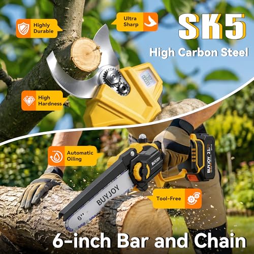 BUYJOY 2-in-1 Mini Chainsaw Cordless & Electric Pruning Shears, 8 Inch Battery Powered Chain Saw, 1.8" Branch Cutter Combo Kit with 2 x 4000mAh Batteries, for Tree Trimming Wood Cutting - color: Pale/Yellow